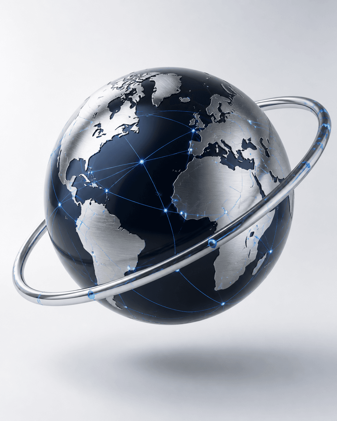 A silver globe connected by blue routes and encircled by a precise orbit